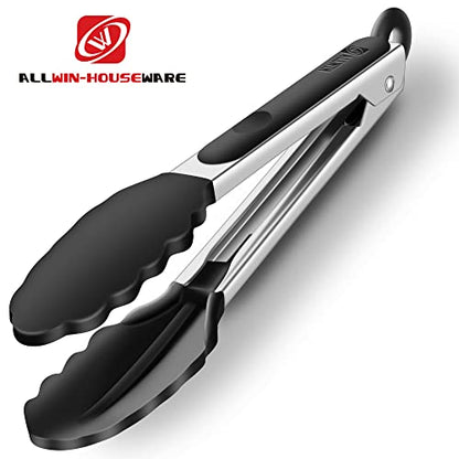  2 Pack Black Kitchen Tongs, Premium Silicone BPA Free Non-Stick Stainless Steel BBQ Cooking Grilling Locking Food Tongs, 9-Inch & 12-Inch