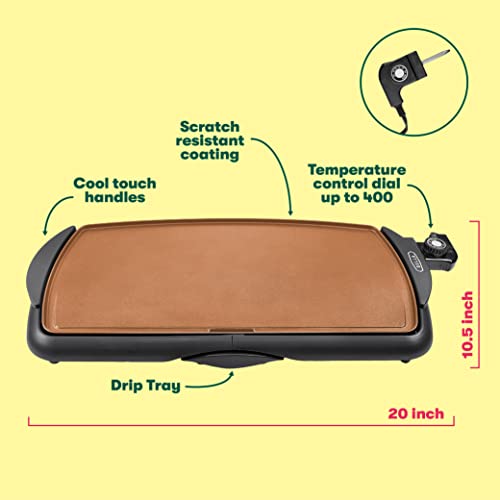 Bella Electric Ceramic Titanium Griddle, Make 10 Eggs At Once, Healthy-Eco Non-stick Coating, Hassle-Free Clean Up, Large Submersible Cooking Surface, 10.5" X 20", Copper/Black