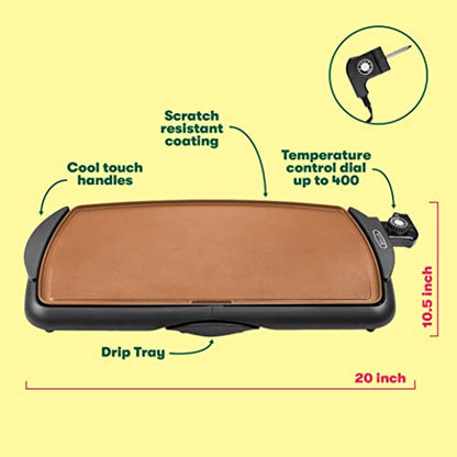 Bella Electric Ceramic Titanium Griddle, Make 10 Eggs At Once, Healthy-Eco Non-stick Coating, Hassle-Free Clean Up, Large Submersible Cooking Surface, 10.5" X 20", Copper/Black