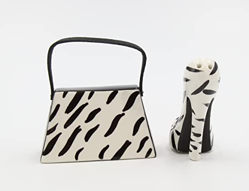  SS-CG-62807 Black And White Zebra Print Purse And Heel Salt And Pepper, 3 1/2" X 1 1/8" X 2 5/8"H