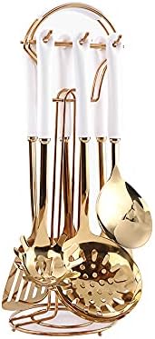  Stainless Steel Kitchenware Seven Pieces Set (White Gold).Cooking Utensils 7 Pcs Set With Hanging Shelf .Include Slotted Spoon, Slotted Spatula, Large Spoon, Soup Ladle, Spatula, Pasta Spoon.