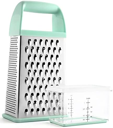  Professional Box Grater With Storage Container, Stainless Steel & Soft Grip Handle, 4 Sides, Handheld Kitchen Food Shredder Best For Parmesan Cheese, Vegetables, Ginger, 10" Mint