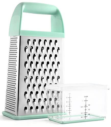  Professional Box Grater With Storage Container, Stainless Steel & Soft Grip Handle, 4 Sides, Handheld Kitchen Food Shredder Best For Parmesan Cheese, Vegetables, Ginger, 10" Mint