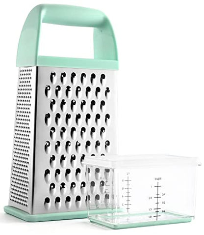  Professional Box Grater With Storage Container, Stainless Steel & Soft Grip Handle, 4 Sides, Handheld Kitchen Food Shredder Best For Parmesan Cheese, Vegetables, Ginger, 10" Mint