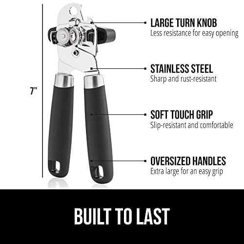  Heavy Duty Stainless Steel Smooth Edge Manual Hand Held Can Opener With Soft Touch Handle, Rust Proof Oversized Handheld Easy Turn Knob, Best Large Lid Openers For Kitchen, Black