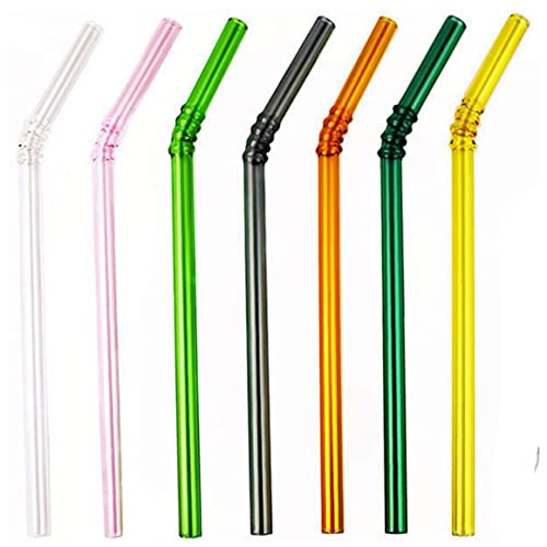  Colored Reusable Glass Straws, 8.7" X 8 Mm Healthy Straw For Beverages Tea Coffee, ECO Friendly - BPA Free, Pack Of 7 With 2 Cleaning Brush