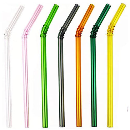  Colored Reusable Glass Straws, 8.7" X 8 Mm Healthy Straw For Beverages Tea Coffee, ECO Friendly - BPA Free, Pack Of 7 With 2 Cleaning Brush