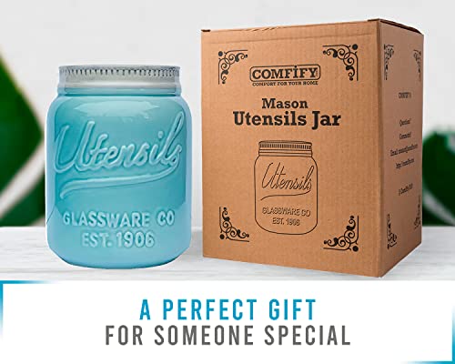  Wide Mouth Mason Jar Utensil Holder Decorative Kitchenware Organizer Crock, Chip Resistant Ceramic, Dishwasher Safe - Kitchen Caddy Aqua Blue For Countertop, Large Size 7" High