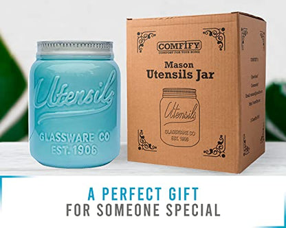  Wide Mouth Mason Jar Utensil Holder Decorative Kitchenware Organizer Crock, Chip Resistant Ceramic, Dishwasher Safe - Kitchen Caddy Aqua Blue For Countertop, Large Size 7" High