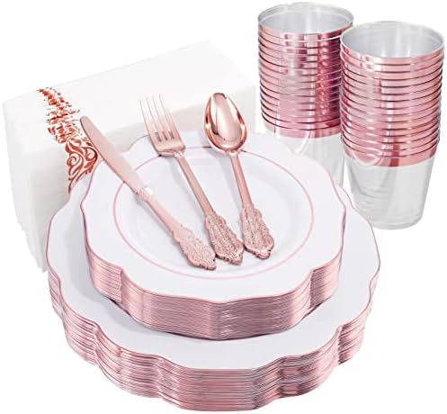  175PCS Pink Plastic Plates With Gold Disposable Silverware-Include 50 Plates 25Knives 25Forks 25Spoons 25Cups And 25Napkins-Ideal For Wedding, Party, Shower&Mother’s Day