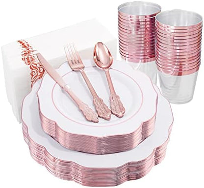  175PCS Pink Plastic Plates With Gold Disposable Silverware-Include 50 Plates 25Knives 25Forks 25Spoons 25Cups And 25Napkins-Ideal For Wedding, Party, Shower&Mother’s Day