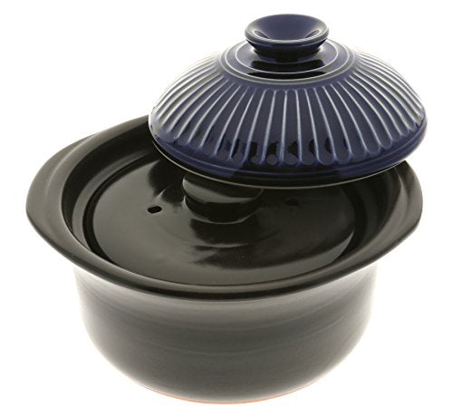  190-808 Earthenware Rice Cooker With Matte And Cobalt Blue Spoke, Black