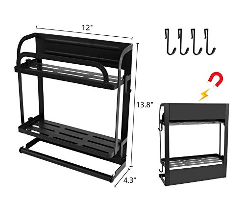  PENGKE Spice Rack Organizer 2 Tier Refrigerator Storage Shelf With Paper Towel Holder And Removable Hooks,Strong Rustproof,Black