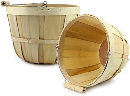  Round Wooden Baskets (2-Pack, Natural); Wood Fruit Buckets With Handle, 4-Quart Capacity; 6.1 Inch Tall By 8 Inch Diameter