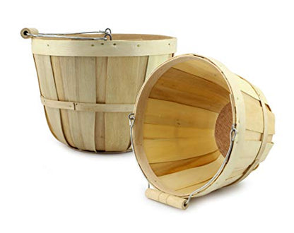  Round Wooden Baskets (2-Pack, Natural); Wood Fruit Buckets With Handle, 4-Quart Capacity; 6.1 Inch Tall By 8 Inch Diameter