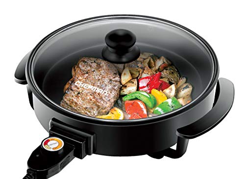  RJ05-12-RO 1400 Watt Electric Skillet 12 Inch Round Frying Pan With Non Stick Coating And Tempered Glass Lid, Black