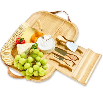  Bamboo Cheese Board And Knife Set - Wooden Charcuterie Tray With Leather Handles And Slide Out Drawer - Entertaining Essential For Wine And Cheese Lovers - Cheese Boards Charcuterie Boards