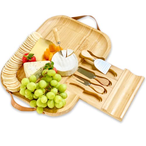  Bamboo Cheese Board And Knife Set - Wooden Charcuterie Tray With Leather Handles And Slide Out Drawer - Entertaining Essential For Wine And Cheese Lovers - Cheese Boards Charcuterie Boards