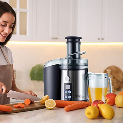  Kognita Centrifugal Juicer Machines，Juicer Machine For Vegetable And Fruit, 1100W Juice Extractor With 3’’ Feed Chute, Pulp Collector, 4-Speed Setting And LCD Monitor - Stainless-Steel, Brush Included