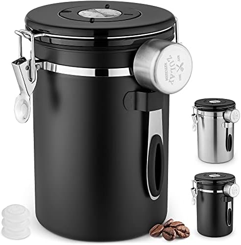  21oz Coffee Canister For Ground Coffee - Stainless Steel Coffee Canisters With Scoop Holder & Date Tracker - Airtight Coffee Container & Coffee Storage For Coffee Jar, Tea, Sugar, Flour (Black)