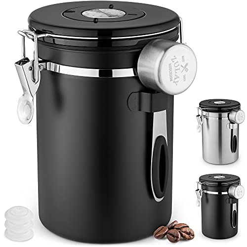  21oz Coffee Canister For Ground Coffee - Stainless Steel Coffee Canisters With Scoop Holder & Date Tracker - Airtight Coffee Container & Coffee Storage For Coffee Jar, Tea, Sugar, Flour (Black)