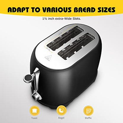  2 Slice Toaster With Bagel, Cancel, Defrost Function,Retro Extra-Wide Slot Stainless Steel Toaster, Removable Tray,7 Bread Shade Settings,Black
