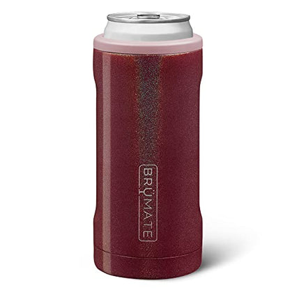  Hopsulator Slim Can Cooler Insulated For 12oz Slim Cans | Skinny Can Coozie Insulated Stainless Steel Drink Holder For Hard Seltzer, Beer, Soda, And Energy Drinks (Glitter Merlot)
