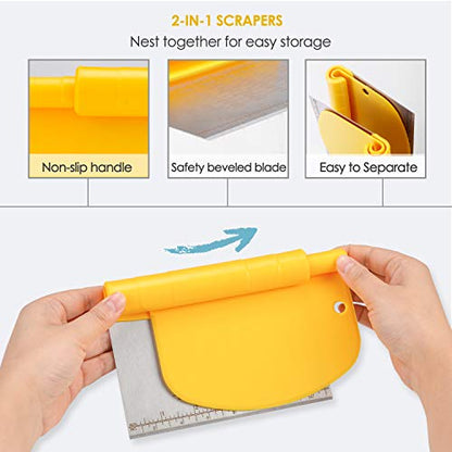  Bench Scraper For Baking, Stainless Steel Dough Scraper/Cutter/Chopper And Flexible Plastic Bowl Scraper Set - Pastry, Pizza Cutter, Baking Tools With Measurement, 2 In 1 Kitchen Scraper