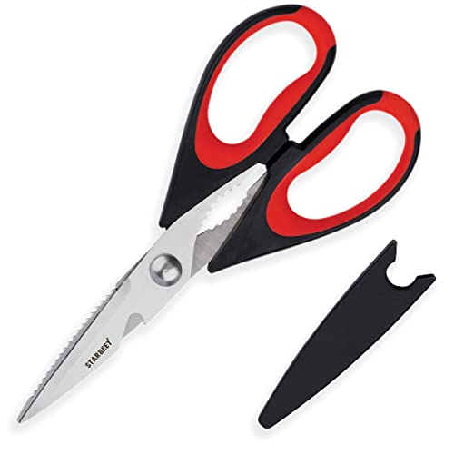  Heavy Duty Kitchen Shears – 6 In 1 Stainless Steel Ultra Sharp Poultry Scissors - Can Also Be Used As Beer Opener, Bottle Opener, Nut Cracker, Fish Scale Shaver & Floral Scissors (Red)