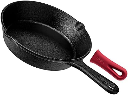  Ast Iron Skillet + Grill Press + Scraper Set - 10"-inch Pre-Seasoned Frying Pan + Silicone Handle Grip - 7" Round Burger Smasher - Indoor/Outdoor, Stove, Oven, Grill, Induction Safe Kitchen Cookware