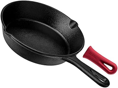  Ast Iron Skillet + Grill Press + Scraper Set - 10"-inch Pre-Seasoned Frying Pan + Silicone Handle Grip - 7" Round Burger Smasher - Indoor/Outdoor, Stove, Oven, Grill, Induction Safe Kitchen Cookware