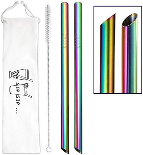  [Angled Tips] 2 Pcs Jumbo Reusable Boba Straws & Smoothie Straws, 0.5" Wide Stainless Steel Straws, Metal Straws For Bubble Tea/Tapioca Pearl, Milkshakes,Smoothies | 1 Cleaning Brush & 1 Case