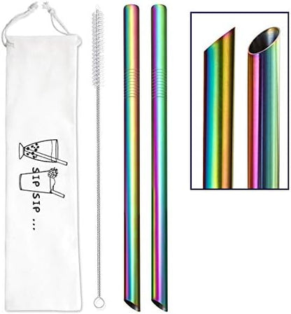  [Angled Tips] 2 Pcs Jumbo Reusable Boba Straws & Smoothie Straws, 0.5" Wide Stainless Steel Straws, Metal Straws For Bubble Tea/Tapioca Pearl, Milkshakes,Smoothies | 1 Cleaning Brush & 1 Case