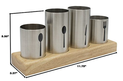  Silverware Holder With Caddy For Spoons, Knives Forks, Etc — Ideal For Kitchen, Dining, Entertaining, Buffet, Picnic, And More — Stainless Steel With Bamboo Wood Base