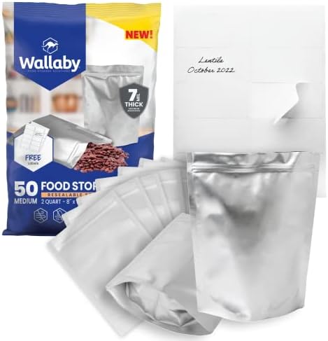  50x Wallaby 1-Quart Gusset Mylar Bag Bundle - (6 Mil - 7" X 10") Stand-Up Zipper Pouches + 50x Labels - Heat Sealable, Food Safe, & Reliable Long Term-Food Storage Solutions - Silver
