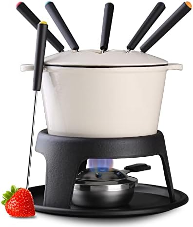  Artestia Cast Iron Fondue Pot Set For Meat, Chocolate & Cheese Fondue Pot Set With 6 Fondue Forks, Cheese Fondue Set Serve 6 Persons(White)