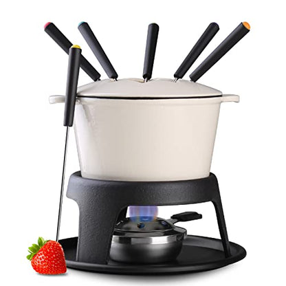  Artestia Cast Iron Fondue Pot Set For Meat, Chocolate & Cheese Fondue Pot Set With 6 Fondue Forks, Cheese Fondue Set Serve 6 Persons(White)