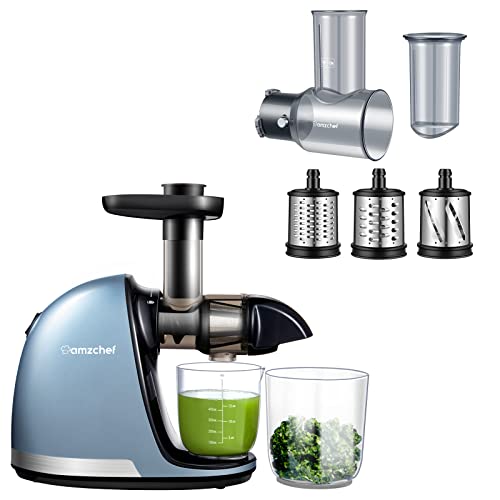  MZCHEF Slow Masticating Juicer Bundled With Slicer Shredder Attachments, Cold Press Juicer With Silent Motor And Reverse Function,3 Interchangeable Blades For Juicing And Shredding Cheese