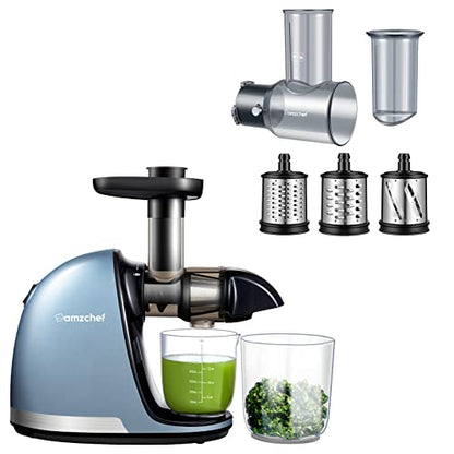  MZCHEF Slow Masticating Juicer Bundled With Slicer Shredder Attachments, Cold Press Juicer With Silent Motor And Reverse Function,3 Interchangeable Blades For Juicing And Shredding Cheese