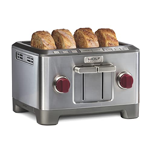  Olf Gourmet 4-Slice Extra-Wide Slot Toaster With Shade Selector, Bagel And Defrost Settings, Red Knob, Stainless Steel (WGTR154S)