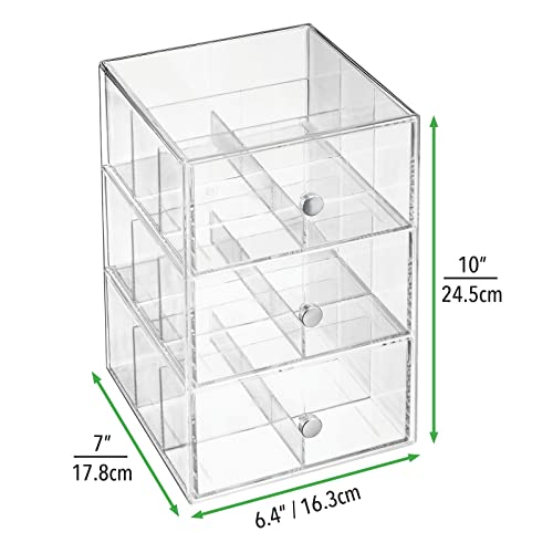  MDesign Plastic Wide Kitchen Pantry, Cabinet, Countertop Organizer Storage Station With 3 Drawers For Coffee, Tea, Sugar Packets, Sweeteners, Creamers, Drink Pods, Packets; 18 Sections - Clear