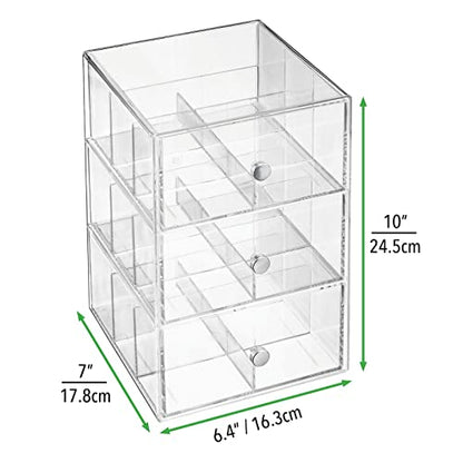  MDesign Plastic Wide Kitchen Pantry, Cabinet, Countertop Organizer Storage Station With 3 Drawers For Coffee, Tea, Sugar Packets, Sweeteners, Creamers, Drink Pods, Packets; 18 Sections - Clear