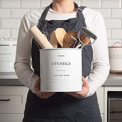  Farmhouse Kitchen Utensil Holder (Jumbo Size - 7" X 7”) - Large Utensil Caddy For Countertop, Utensil Holder For Kitchen Counter Decor, Utensil Organizer (White)
