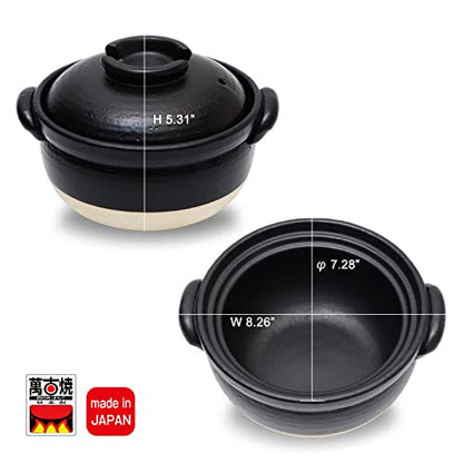  DONABE Clay Rice Cooker Pot Casserole Japanese Style Made In Japan For 1 To 2 Cups With Double Lids, Microwave Safe