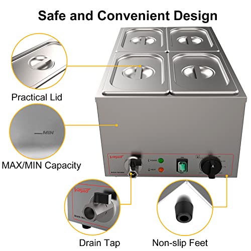  Commercial Stainless Steel 4 Sections Bain Marie Food Warmer 16 Qt Buffet Server With Lid And Tap For Home, Catering, Restaurants
