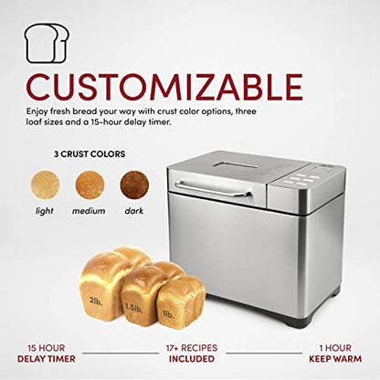  Aroma Housewares Professional 2 Lb. Digital Bread Maker, 17 Preset Functions And 3 Crust Colors, Automatic Fruit & Nut Dispenser, Stainless Steel (ABM-270), Silver