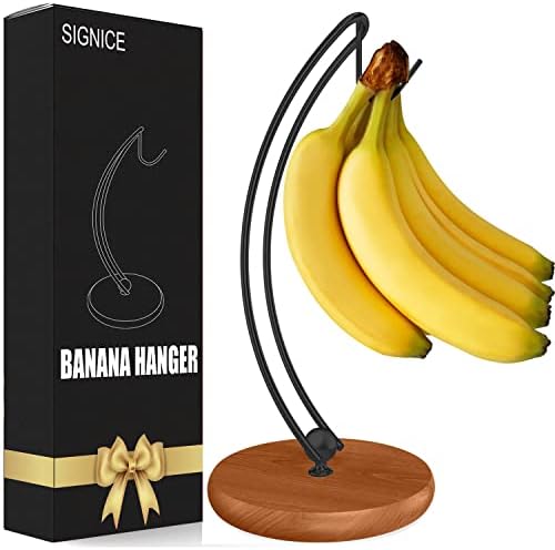  Signice Banana Holder Stand - Newest Patented Modern Banana Tree Hanger With Wood Base Stainless Steel Banana Rack For Home Kitchen Use,Doesn't Tip Over (Full Black)