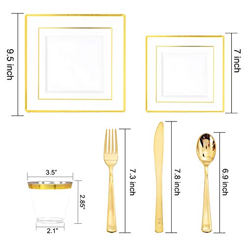  50 Guest Gold Plastic Plates With Disposable Cutlery& Gold Plastic Cups-Square Plastic Plates-Gold Plastic Utensils Set And Napkins For Wedding& Parties