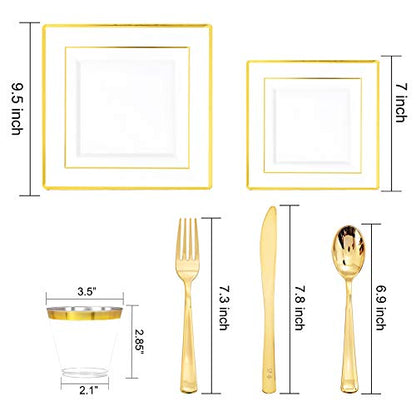  50 Guest Gold Plastic Plates With Disposable Cutlery& Gold Plastic Cups-Square Plastic Plates-Gold Plastic Utensils Set And Napkins For Wedding& Parties