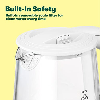 Bella 1.7 Liter Glass Electric Kettle, Quickly Boil 7 Cups Of Water In 6-7 Minutes, Soft Orange LED Lights Illuminate While Boiling, Cordless Portable Water Heater, Carefree Auto Shut-Off, White